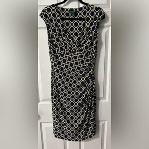 Ralph Lauren Women Dress Size 10 Navy Yellow White Cap Sleeve Pleated Sheath